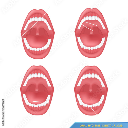 set of mouth and healthy teeth with dental floss