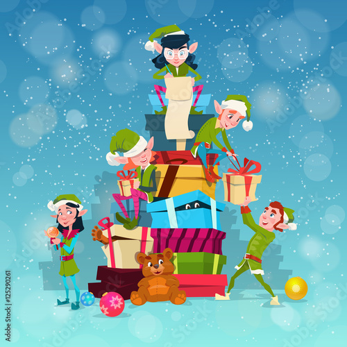 Christmas Elf Group Cartoon Character Santa Helper With Present Box Stack Flat Vector Illustration