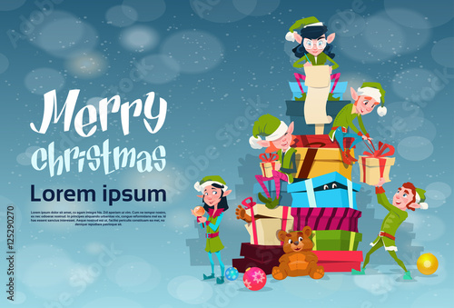 Christmas Elf Group Cartoon Character Santa Helper With Present Box Stack Flat Vector Illustration