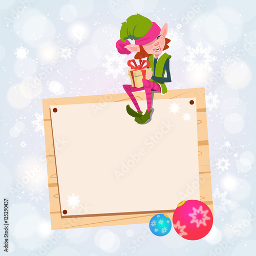 Christmas Elf Girl Cartoon Character Santa Helper Sit On Empty Sign Board Banner Flat Vector Illustration