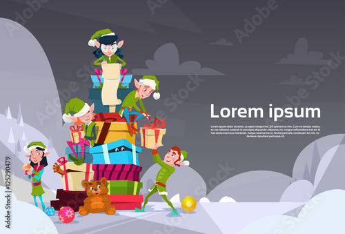 Christmas Elf Group Cartoon Character Santa Helper With Present Box Stack Flat Vector Illustration