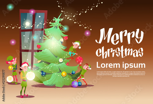 Green Elf Group Decorate Christmas Tree Greeting Card Decoration Happy New Year Banner Flat Vector Illustration