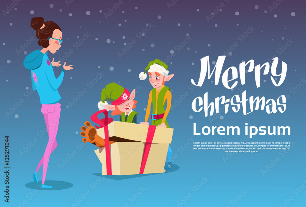 Green Elf Group Give Woman Present Box Greeting Card Happy New Year Merry Christmas Banner Flat Vector Illustration Green Elf Group Give Woman Present Box Greeting Card Happy New Year Merry Christmas Banner Flat Vector Illustration