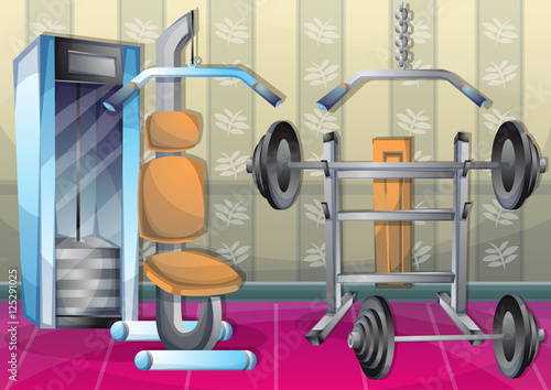 cartoon vector illustration interior fitness room with separated layers in 2d graphic