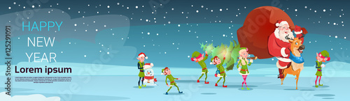 Santa Claus Carry Big Present Sack, Elfs With Pine Tree Greeting Card Merry Christmas Happy New Year Flat Vector Illustration