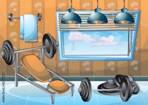 cartoon vector illustration interior fitness room with separated layers in 2d graphic