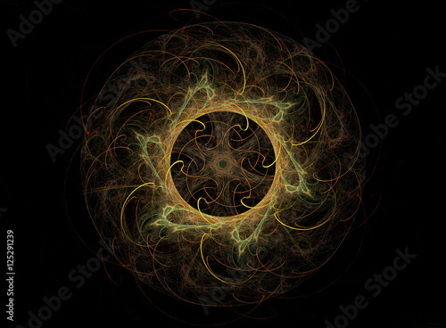Fractal decorative illustration of abstract spiral flower fractal on black background