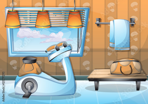 cartoon vector illustration interior fitness room with separated layers in 2d graphic