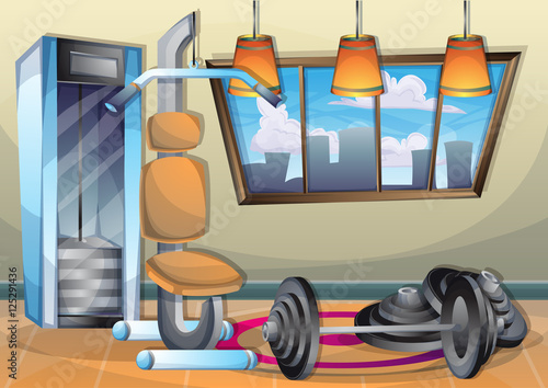 cartoon vector illustration interior fitness room with separated layers in 2d graphic