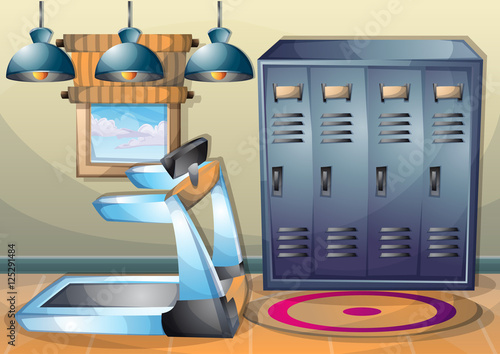 cartoon vector illustration interior fitness room with separated layers in 2d graphic
