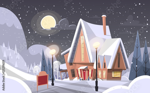 Snowy Village House Happy New Year Merry Christmas Greeting Card Banner Flat Vector Illustration