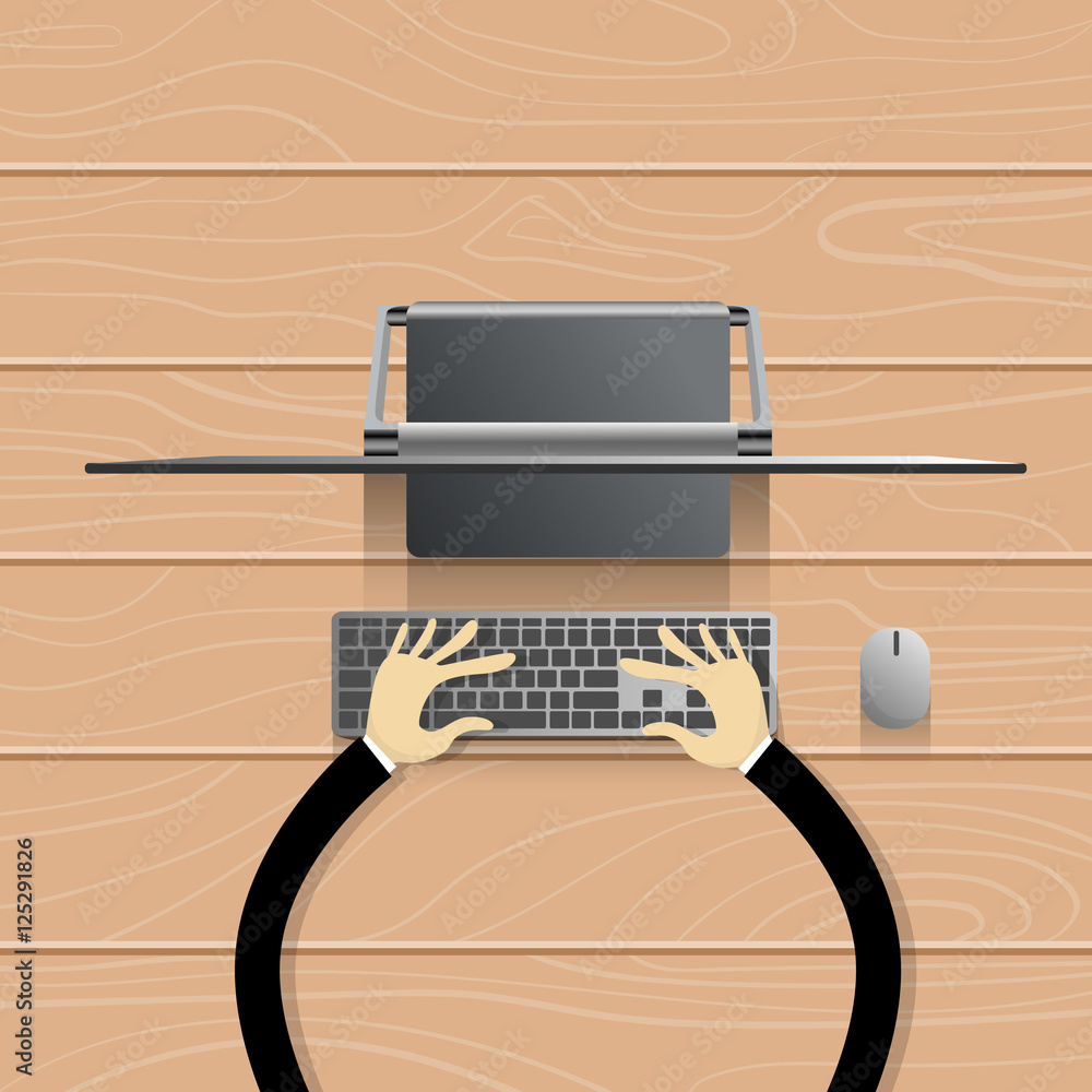Desktop Modern Computer Workstation Hands Typing Keyboard Vector ...