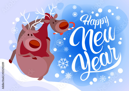 Merry Christmas Happy New Year Greeting Card Reindeer Cartoon Character Santa Helper Holiday Banner Flat Vector Illustration