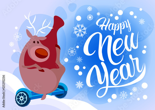 Reindeer Santa Helper Ride Electric Hover Board Happy New Year Holiday Merry Christmas Flat Vector Illustration