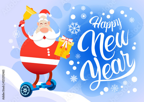 Santa Claus Ride Electric Hover Board Happy New Year Holiday Merry Christmas Flat Vector Illustration