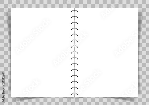 Blank paper book connected with spiral on transparent vector background.