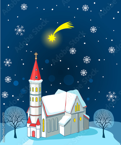 Christian Church And Christmas Star. Winter Landscape. Vector Illustration Card. Christian Church Near Me. Christian Church Architecture. © kotjarko
