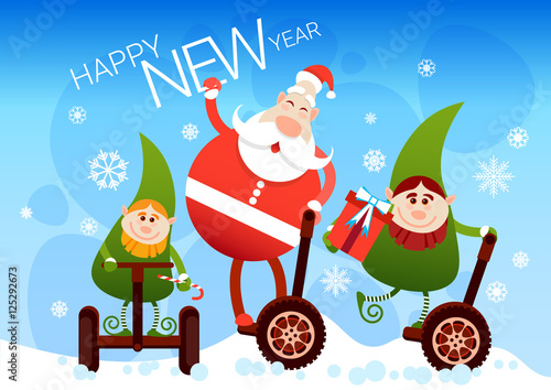 Santa Claus And Elf Ride Electric Mono Wheel Christmas Holiday Happy New Year Greeting Card Flat Vector Illustration