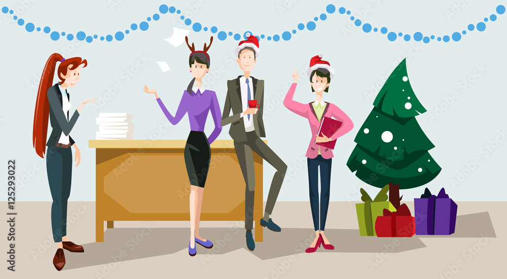 Businesspeople Celebrate Merry Christmas And Happy New Year Office Business People Team Santa Hat Flat Vector Illustration