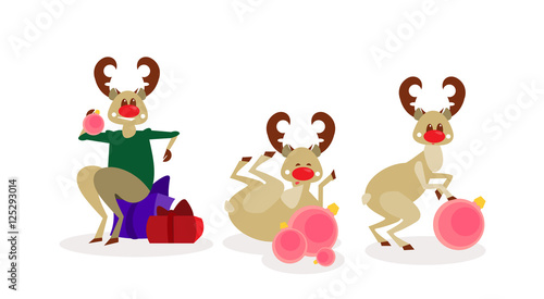Christmas Reindeer Group Isolated Happy New Year Celebration Cartoon Characters Flat Vector Illustration © mast3r
