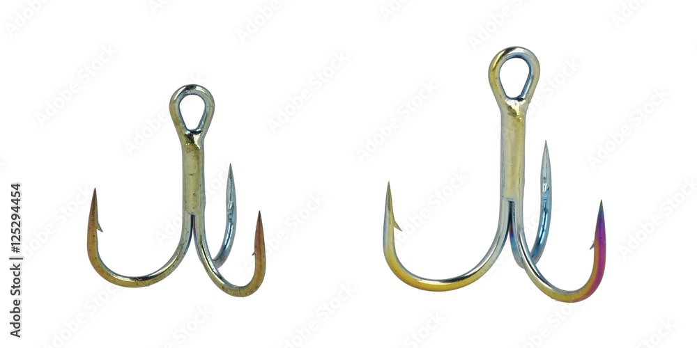 colored fishing hooks isolated on white.