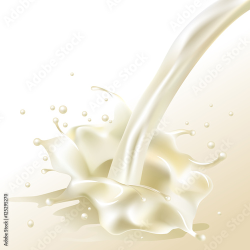 Closeup splash of milk on a white background. Gradient mesh realistic vector illustration.