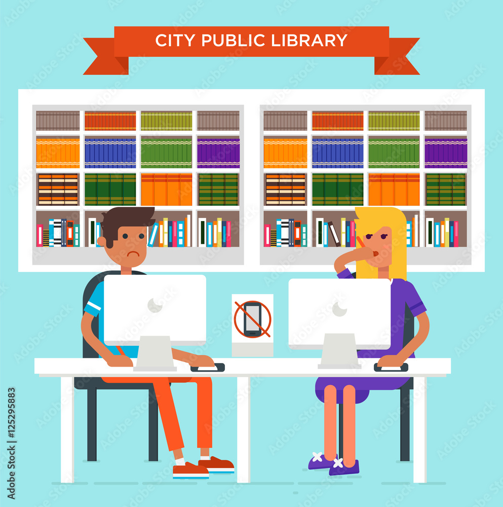 Young man and young woman seating in the library Young man and young woman seating in the library