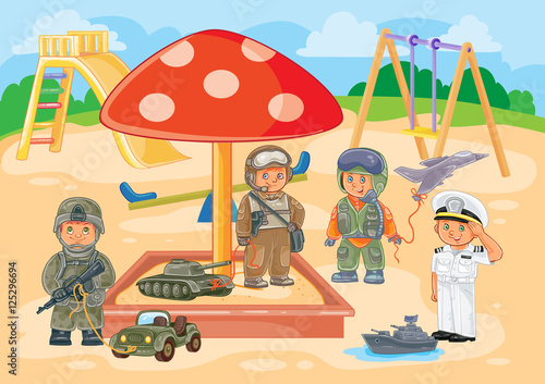 Small children different professions playing in the playground
