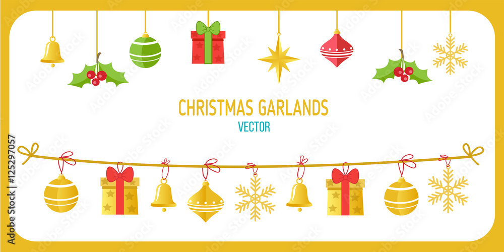 Christmas Garland Vector In Gold Color. Winter Holidays Vector Clip Art On White Background. New Year Garland Decorations. Snowflakes, Gifts, Christmas Balls Vector.