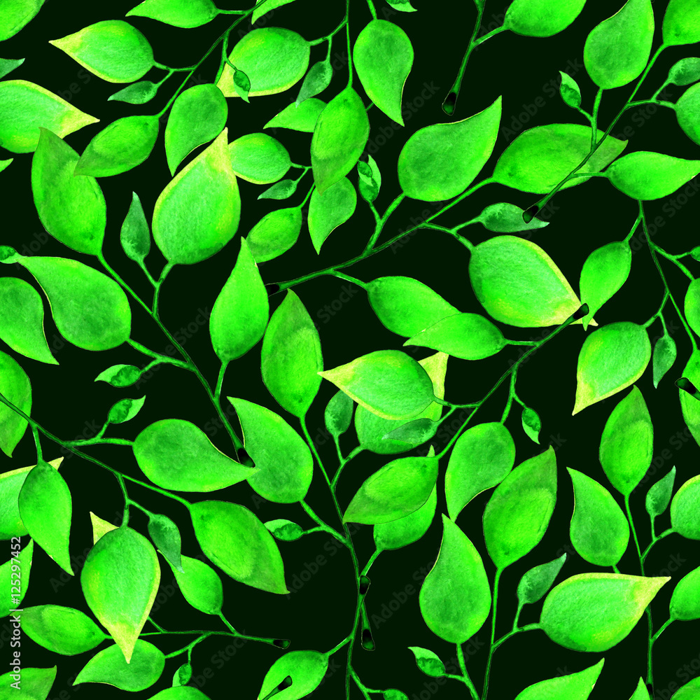 Seamless watercolor pattern with green leafs on dark green background. Endless artwork hand-drawn. Floral wallpaper summer plant Seamless watercolor pattern with green leafs on dark green background. Endless artwork hand-drawn. Floral wallpaper summer plant