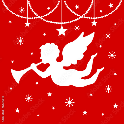 Silhouette of a Christmas angel with a pipe and stars in the background, Vector illustration