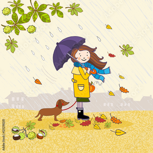 Girl in the rain with an umbrella and a dog, autumn hand drawn illustration