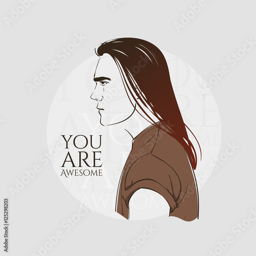 Handsome hipster young man with long hair. Vector hand dawn illustration.