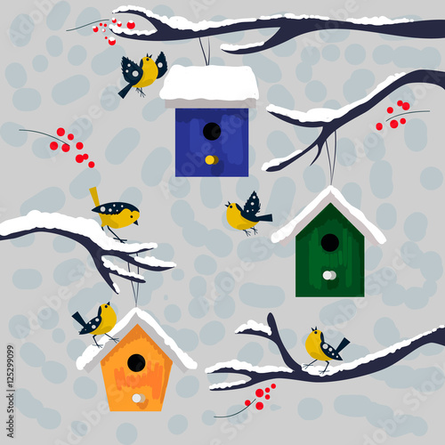 Winter illustration. Happy birds with colorful snow covered nesting boxes on branch. Vector birdhouse. Christmas and New Year postcard.