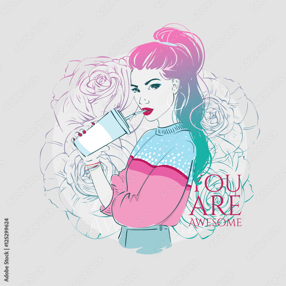 Vector hand drawn illustration of a fashion girl with ombre color long hair drinking from a cup using a straw. Vector hand drawn illustration of a fashion girl with ombre color long hair drinking from a cup using a straw.