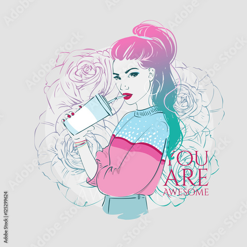 Vector hand drawn illustration of a fashion girl with ombre color long hair drinking from a cup using a straw.