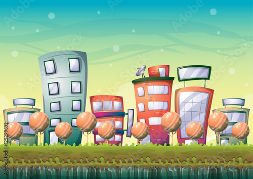 cartoon vector building background with separated layers for game art and animation game design asset in 2d graphic