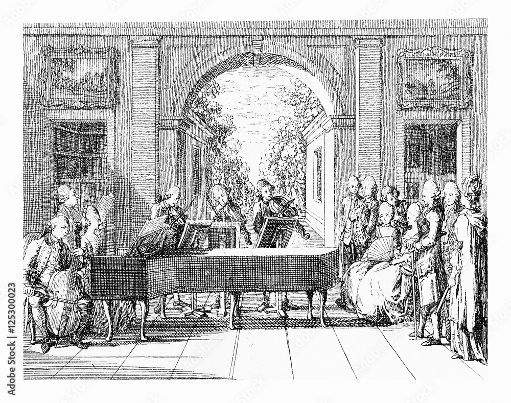 XVIII century engraving, music entertainment in beautiful Renaissance architecture and garden