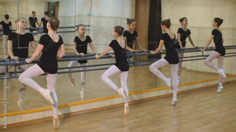 group of four young ballerinas standing in row and practicing ballet group of four young ballerinas standing in row and practicing ballet