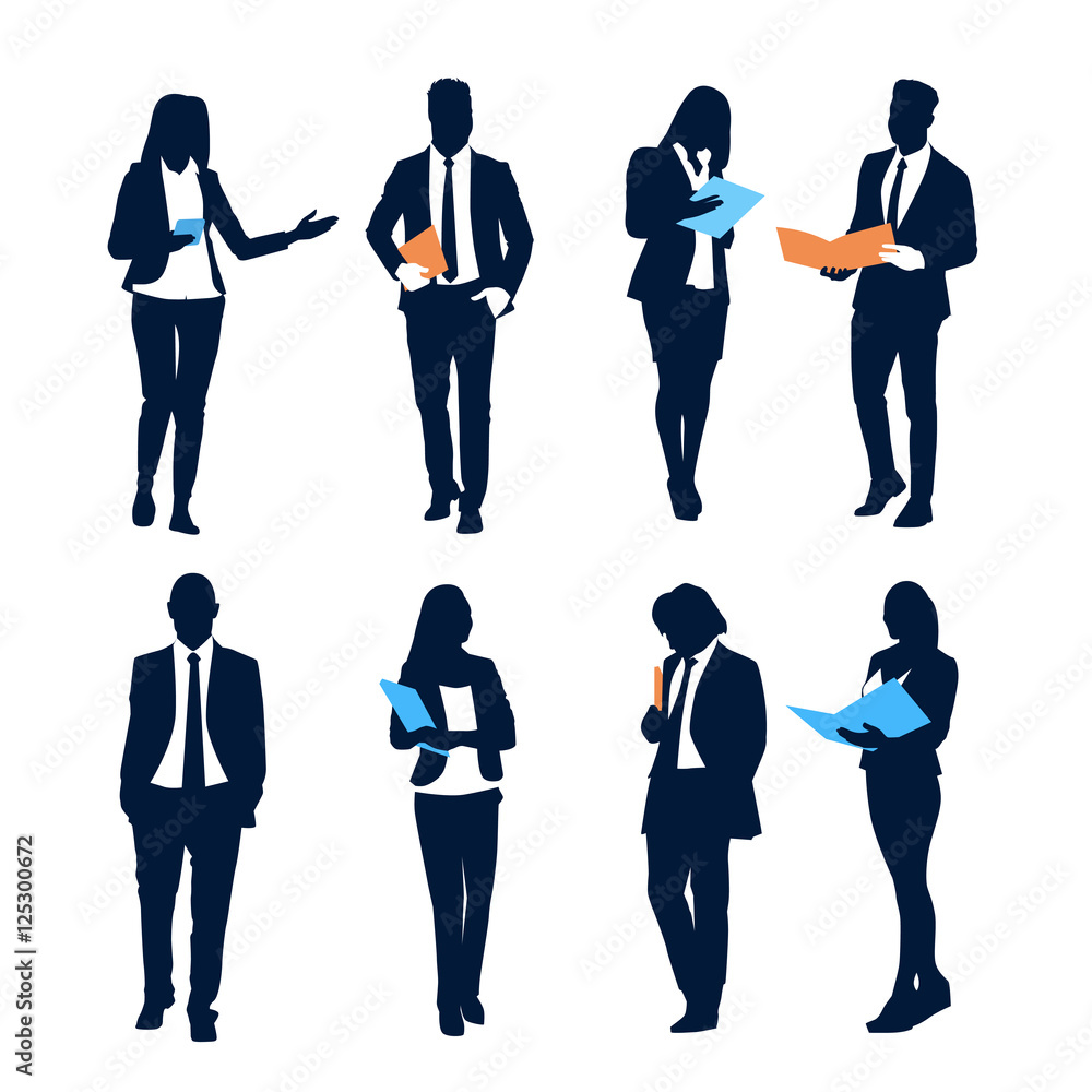 Obraz premium Business People Set Team Crowd Silhouette Businesspeople Group Hold Document Folders Flat Vector Illustration