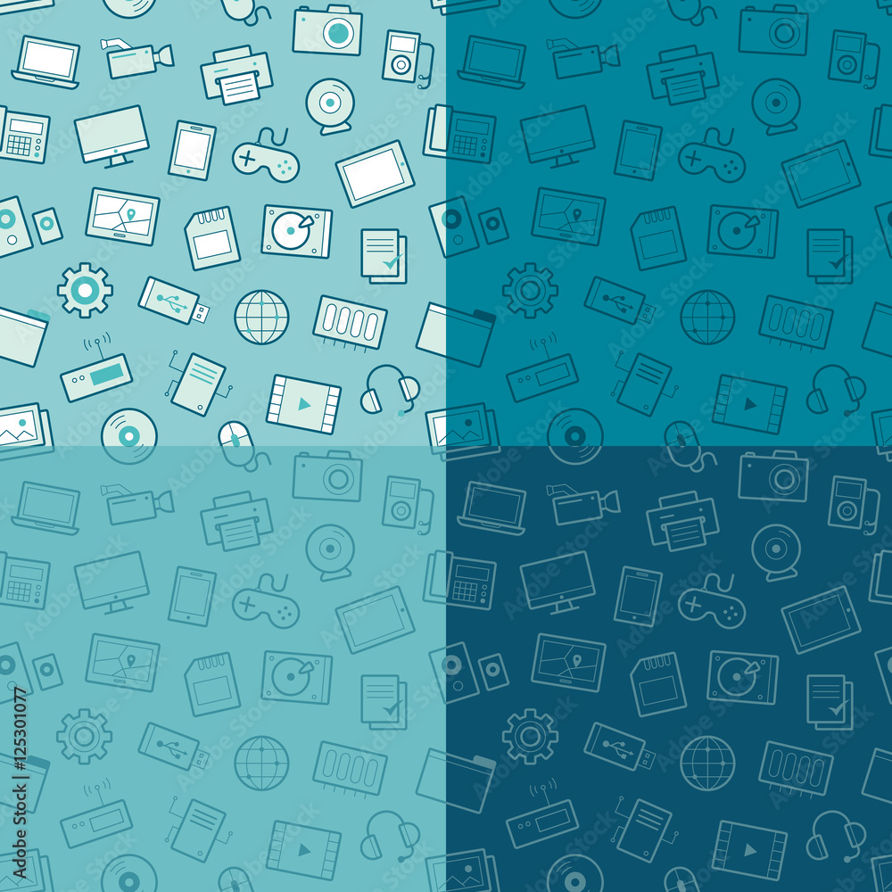 Set ov vector seamless patterns with multimedia and computer line icons on a blue background