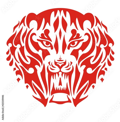 Fototapeta Naklejka Na Ścianę i Meble -  Flaming saber toothed tiger head. The stylized head of a saber toothed tiger in tribal style
