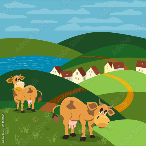 Milk cow. Mammals animals. Rural landscape background. Cows with udder, horns, hoofs. Village country houses on lake beach. Green hills, grass. Vector illustration