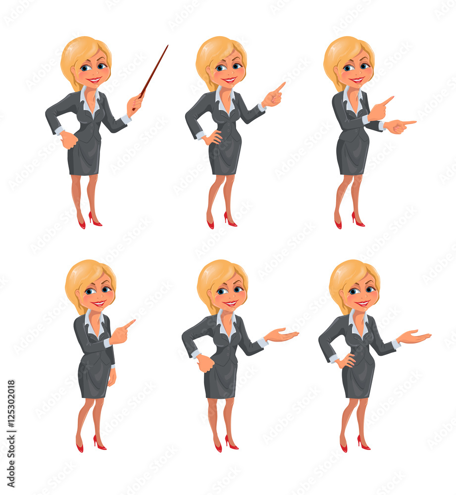 Set of cartoon smiling businesswoman in suit standing in different presentation poses. Vector illustration isolated on white background. Set of cartoon smiling businesswoman in suit standing in different presentation poses. Vector illustration isolated on white background.