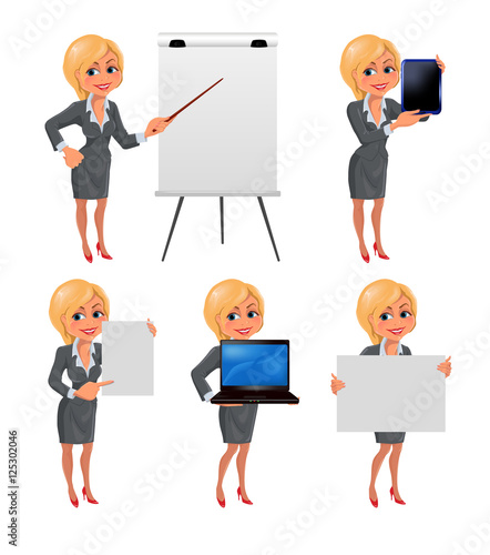Set of cartoon smiling businesswoman in suit standing in different presentation poses: with flip chart, laptop, tablet, presentation board and paper. Vector illustration isolated on white background.