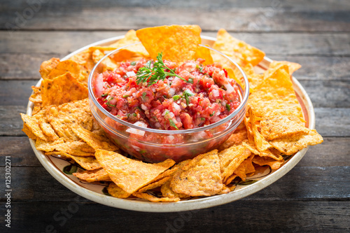 Salsa dip with tortilla chip