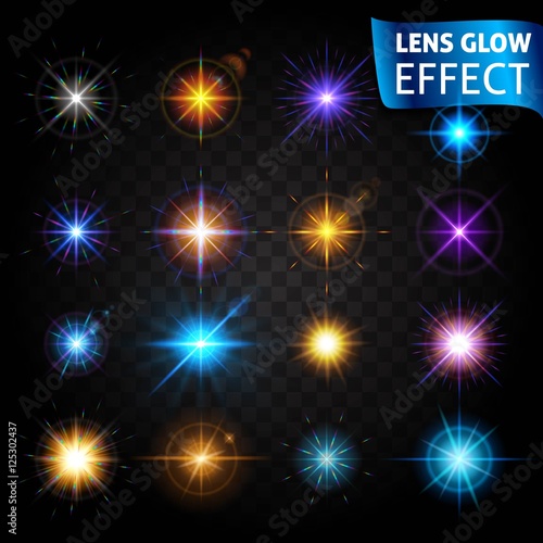 Lens glow effect. Big set of light effects on a dark background transparent. The effect of the lens, the sun glow, bright light. Set design for the Christmas