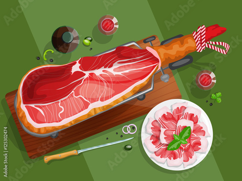 Iberian ham on a jamonera. Top view illustration