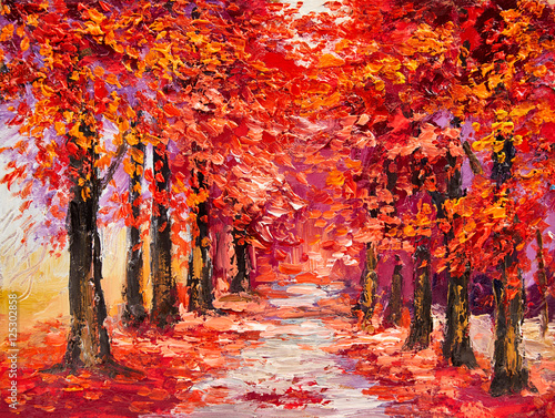 Oil painting, colorful autumn trees, impressionism art