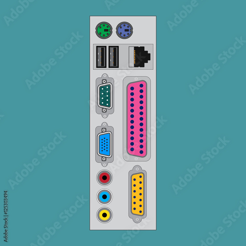 The back view of the computer unit. Computer ports on the system unit.